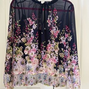 White House Black Market Navy Floral Tie-Neck Sheer Blouse